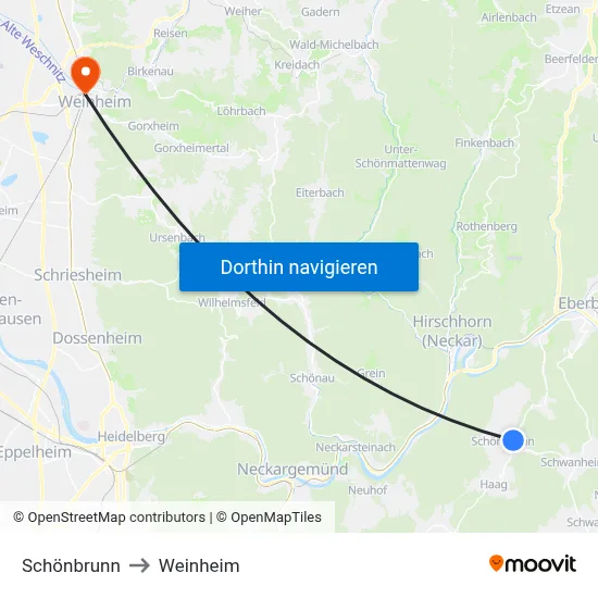 Schönbrunn to Weinheim map