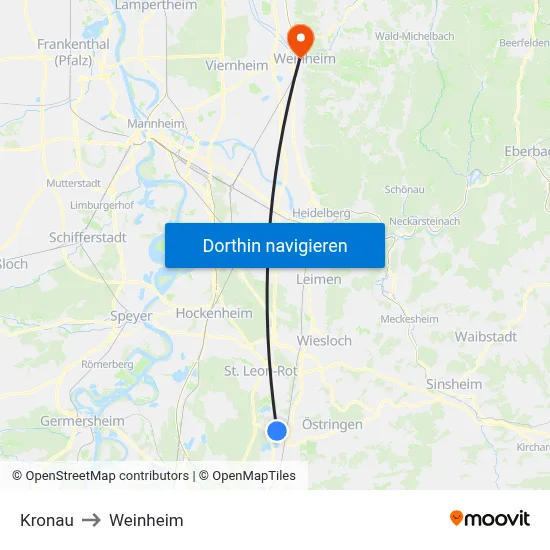 Kronau to Weinheim map