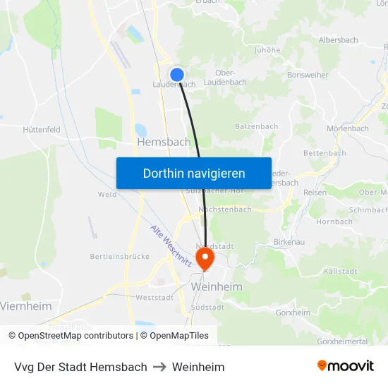 Vvg Der Stadt Hemsbach to Weinheim map