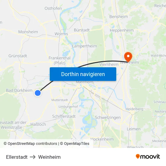 Ellerstadt to Weinheim map
