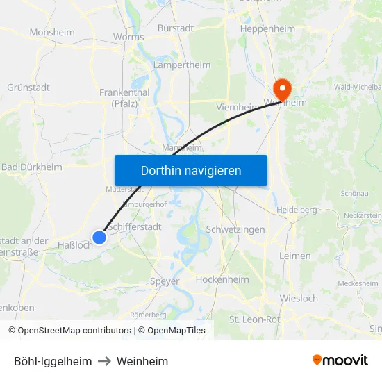 Böhl-Iggelheim to Weinheim map