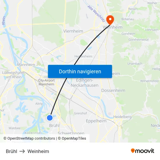 Brühl to Weinheim map