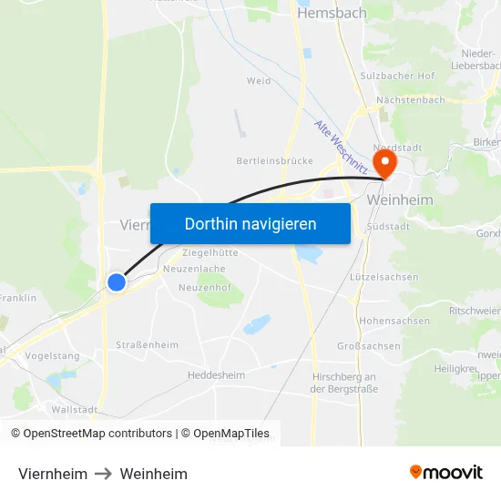 Viernheim to Weinheim map