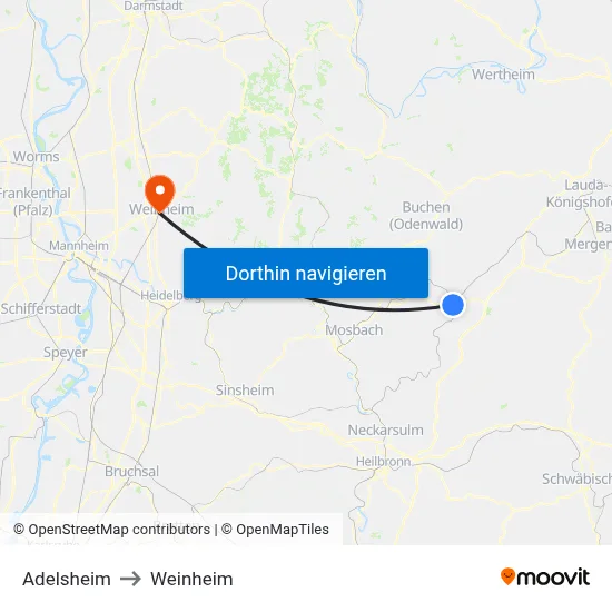 Adelsheim to Weinheim map