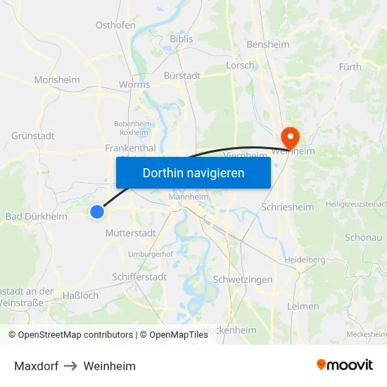 Maxdorf to Weinheim map