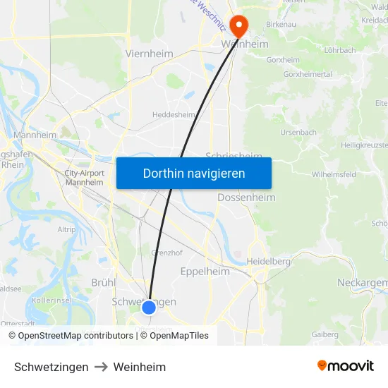 Schwetzingen to Weinheim map