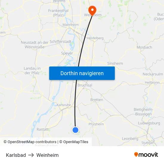 Karlsbad to Weinheim map