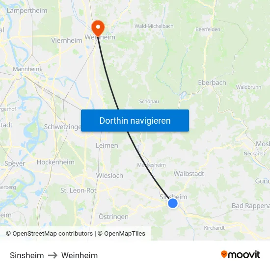 Sinsheim to Weinheim map