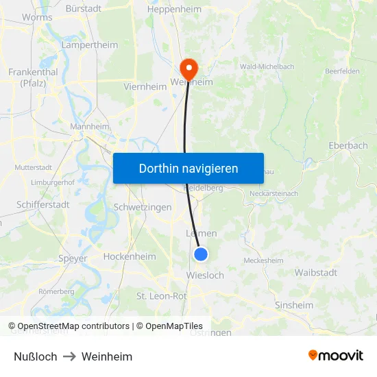 Nußloch to Weinheim map