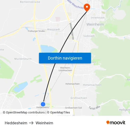 Heddesheim to Weinheim map