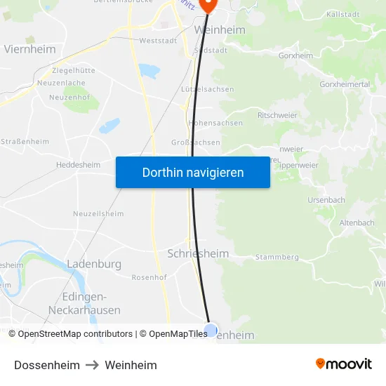 Dossenheim to Weinheim map