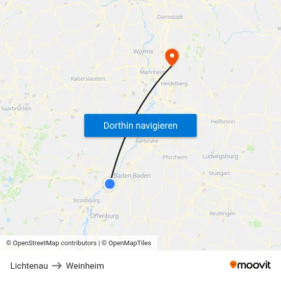 Lichtenau to Weinheim map