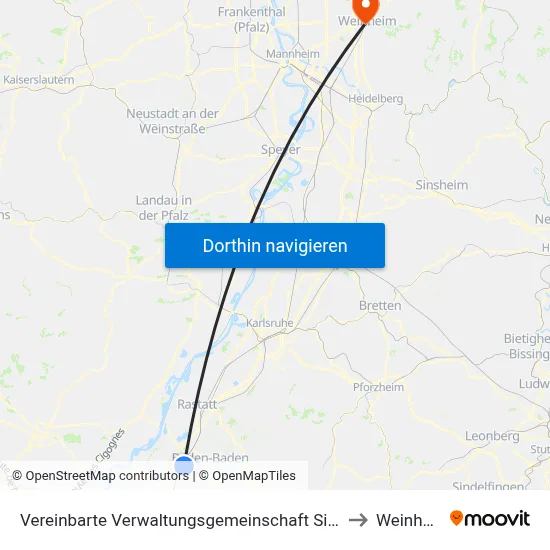 Vereinbarte Verwaltungsgemeinschaft Sinzheim to Weinheim map