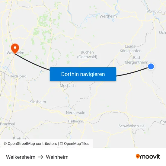 Weikersheim to Weinheim map