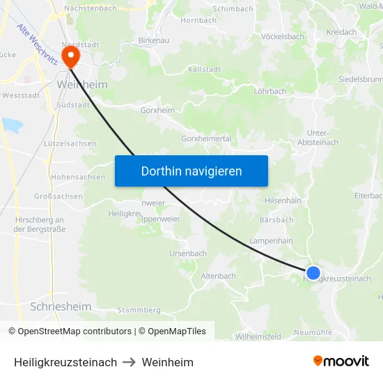 Heiligkreuzsteinach to Weinheim map