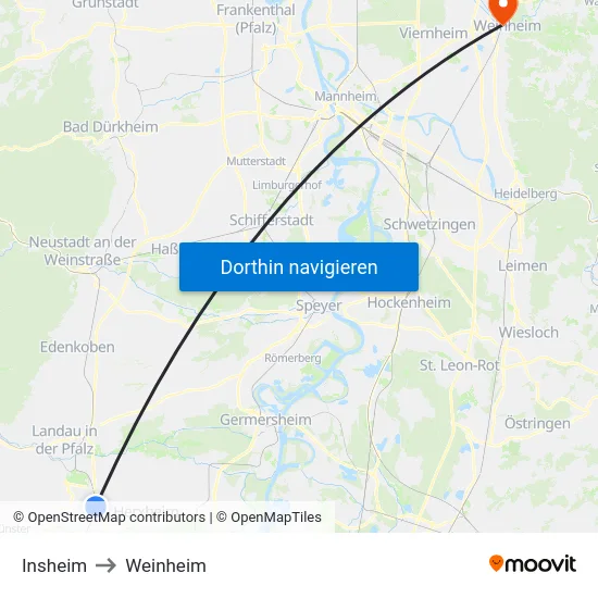 Insheim to Weinheim map