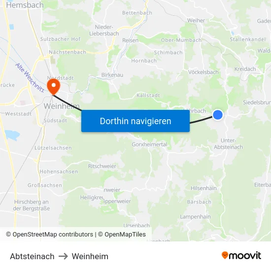 Abtsteinach to Weinheim map