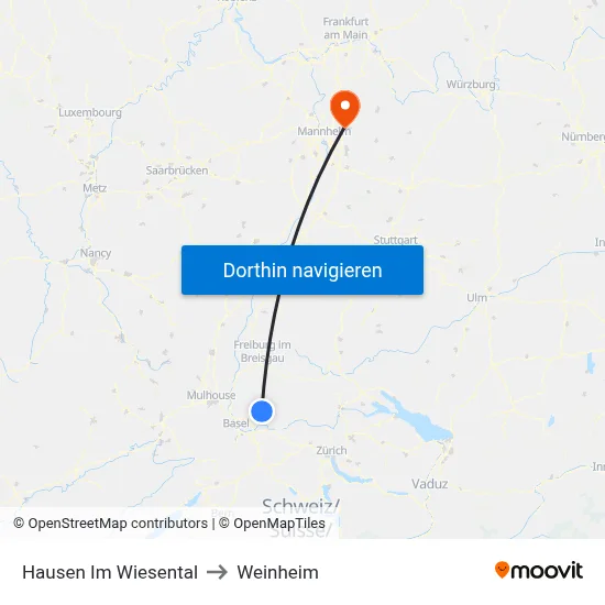 Hausen Im Wiesental to Weinheim map