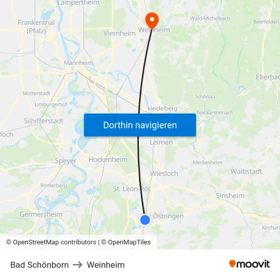 Bad Schönborn to Weinheim map