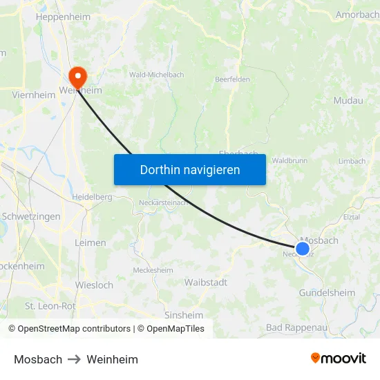 Mosbach to Weinheim map