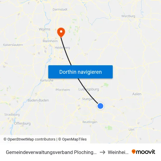 Gemeindeverwaltungsverband Plochingen to Weinheim map