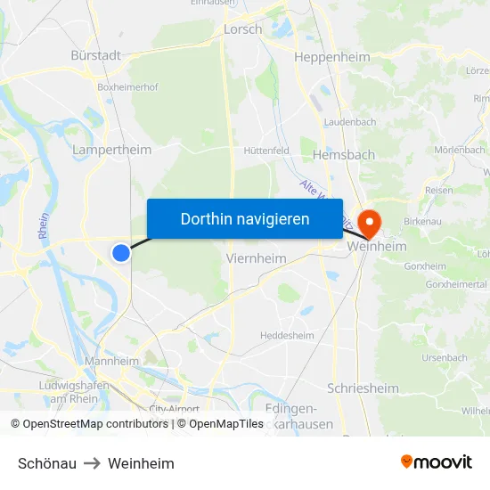 Schönau to Weinheim map
