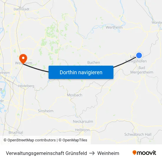 Verwaltungsgemeinschaft Grünsfeld to Weinheim map