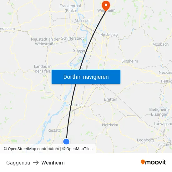Gaggenau to Weinheim map