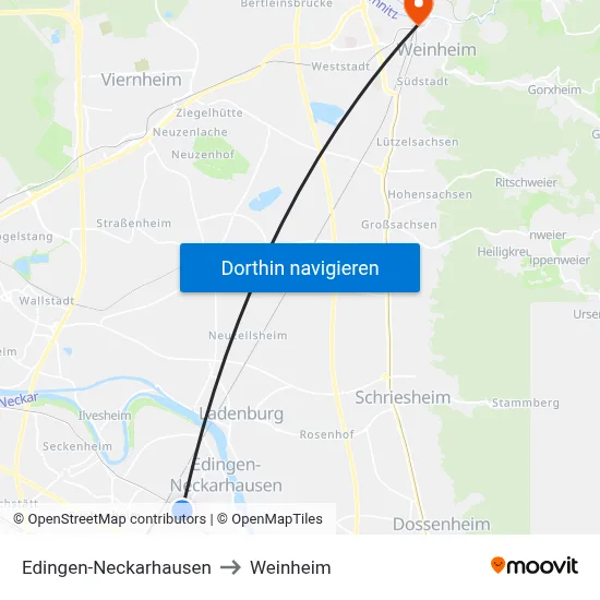 Edingen-Neckarhausen to Weinheim map