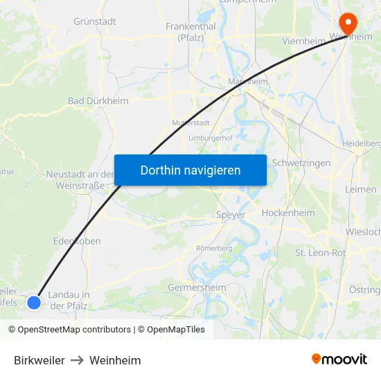 Birkweiler to Weinheim map