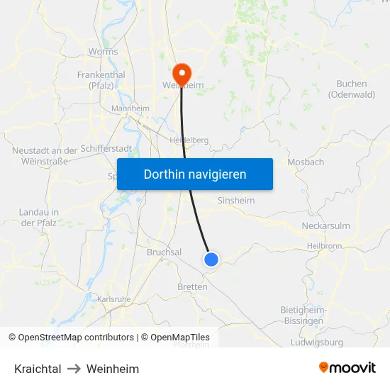 Kraichtal to Weinheim map