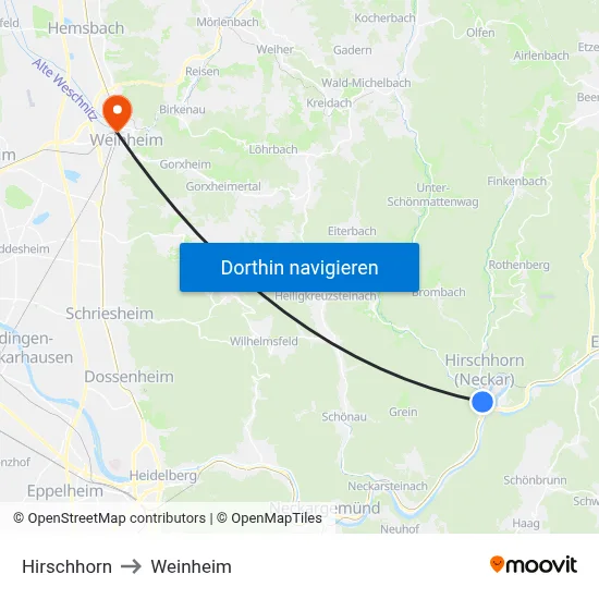 Hirschhorn to Weinheim map