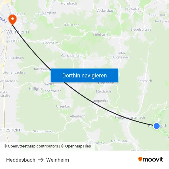 Heddesbach to Weinheim map