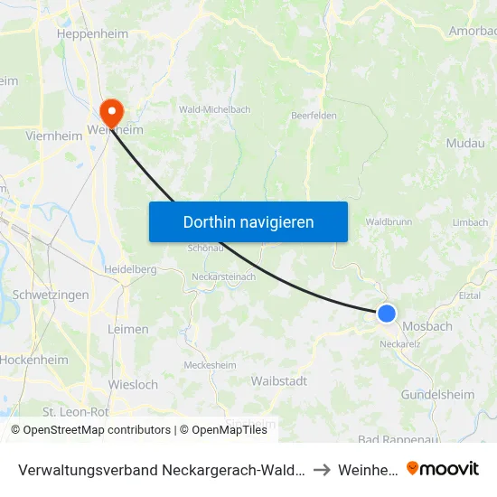 Verwaltungsverband Neckargerach-Waldbrunn to Weinheim map