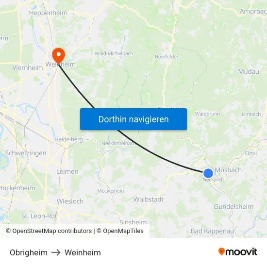Obrigheim to Weinheim map