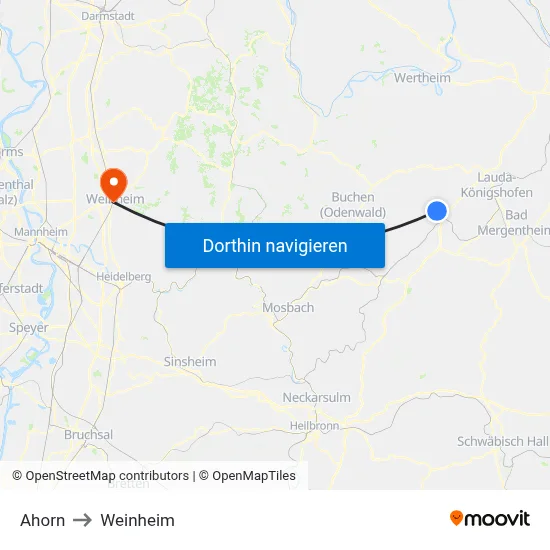 Ahorn to Weinheim map