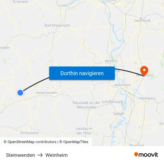 Steinwenden to Weinheim map