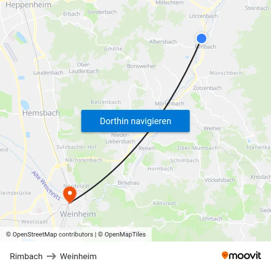 Rimbach to Weinheim map