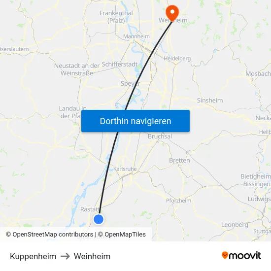 Kuppenheim to Weinheim map