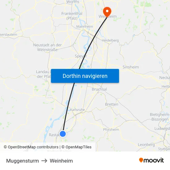 Muggensturm to Weinheim map