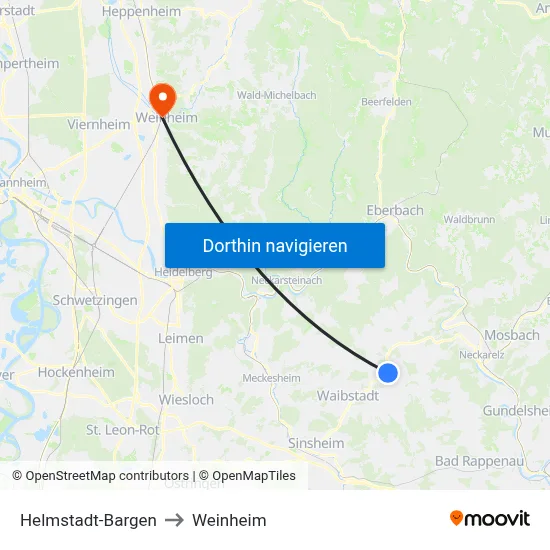 Helmstadt-Bargen to Weinheim map