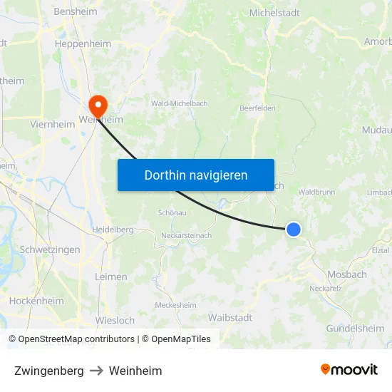 Zwingenberg to Weinheim map