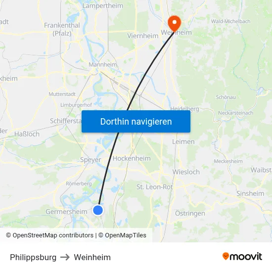 Philippsburg to Weinheim map