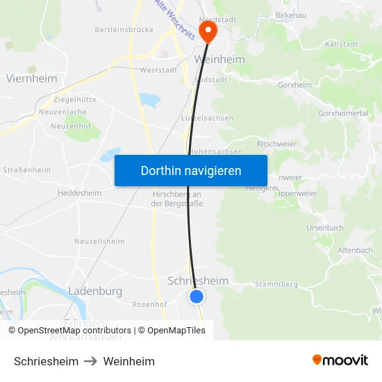 Schriesheim to Weinheim map