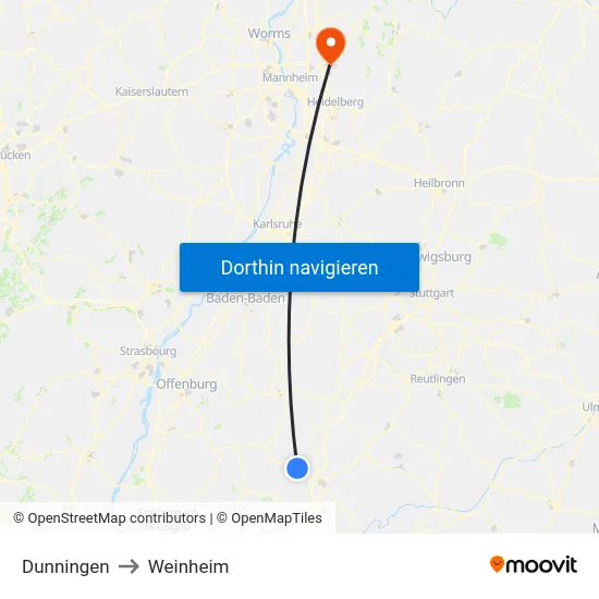 Dunningen to Weinheim map