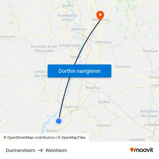 Durmersheim to Weinheim map