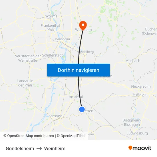 Gondelsheim to Weinheim map