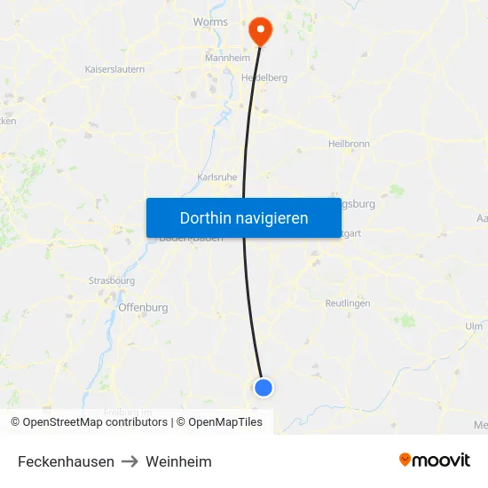 Feckenhausen to Weinheim map