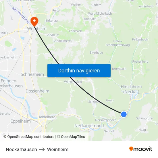 Neckarhausen to Weinheim map