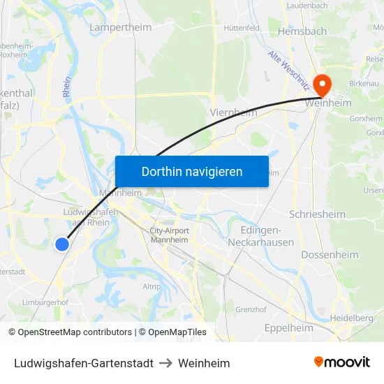 Ludwigshafen-Gartenstadt to Weinheim map
